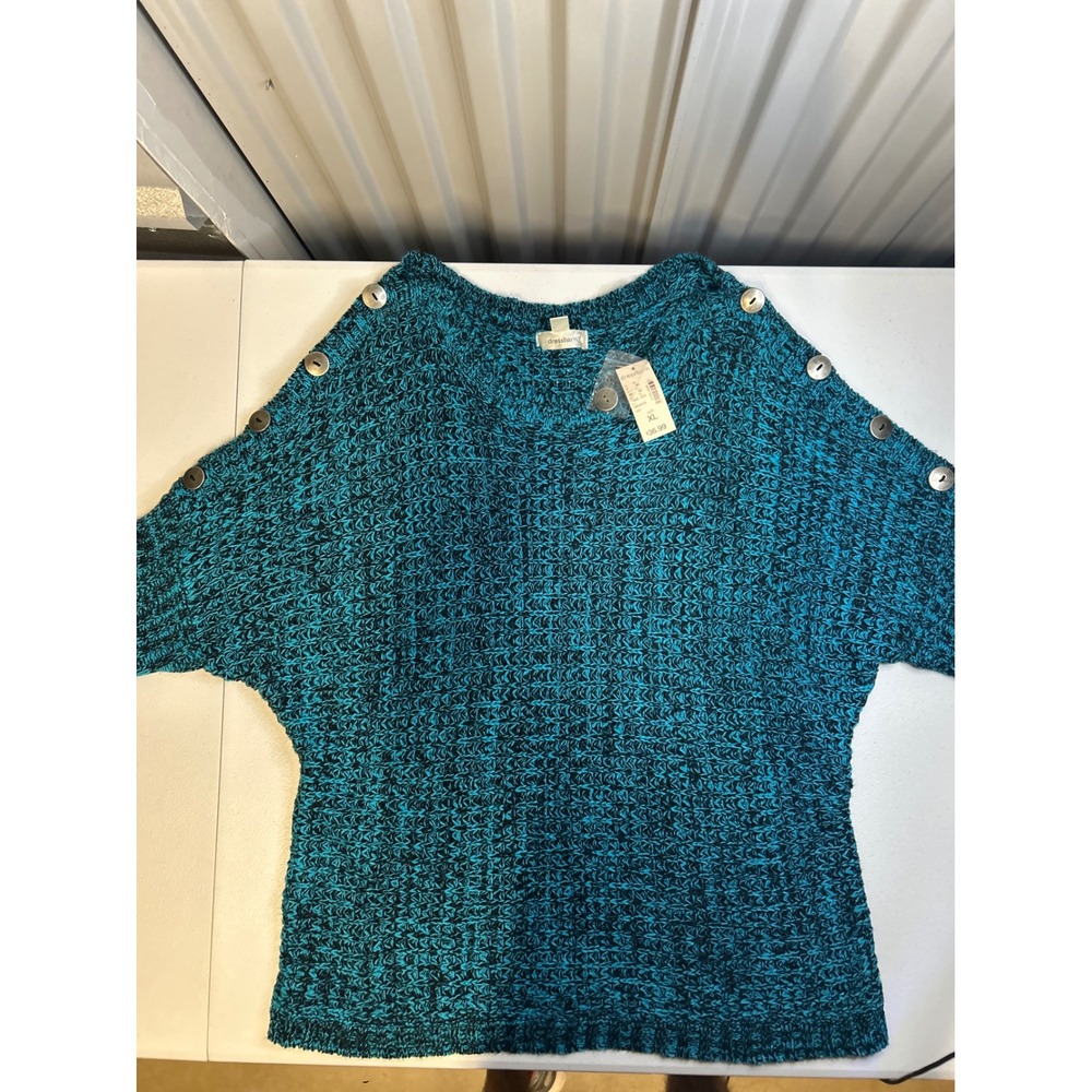 Dressbarn Sweater Womens XL Teal Marled Knit Button Shoulder Batwing PulloverNEW